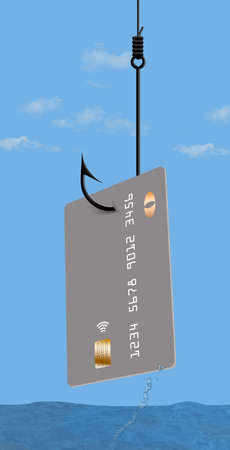 Internet phishing for personal data is illustrated with a credit card on a fish hook.