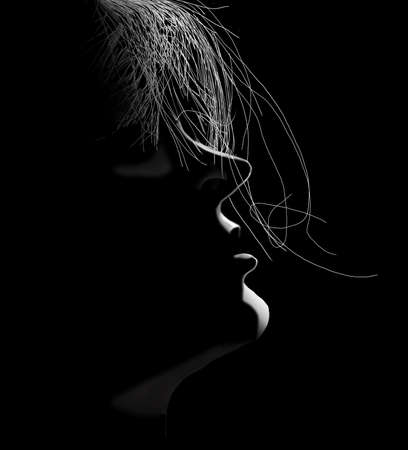 Dramatic rim light highlights a messy hairdo in this drawing of a young woman in black and white.の写真素材