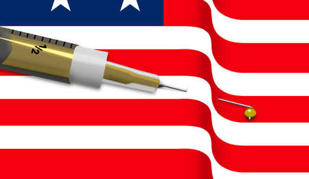 A syringe full of coronavirus vaccine is injecting into a USA flag in an illustration about Americans awaiting the vaccine to prevent Covid-19 infections.の写真素材