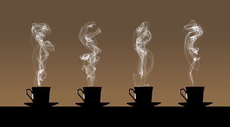 Four cups of hot coffee are seen giving off clouds of steam and sitting on saucers.の写真素材
