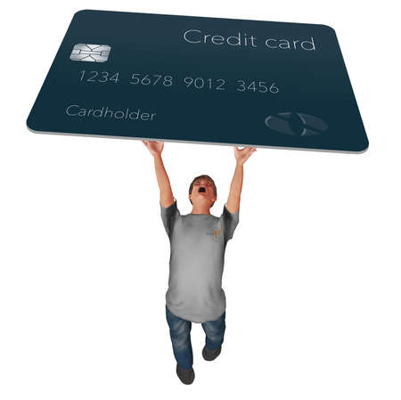 A man struggles to hold a hug credit card over his head in this 3-D illustration. Illustrates credit card debt.の写真素材