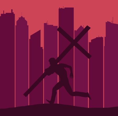 A silhouetted figure carring a large cross runs on a ridge with a skyline of a major city seen in the background.の写真素材