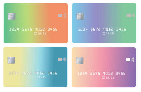 Pastel colored generic credit cards are seen isolated on a white background in this 3-d illustration.の写真素材
