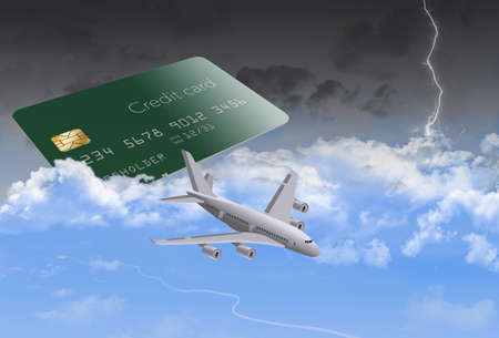 An airliner jet is seen from above as a lightning storm approaches in the background. This is a 3-d illustration.の写真素材