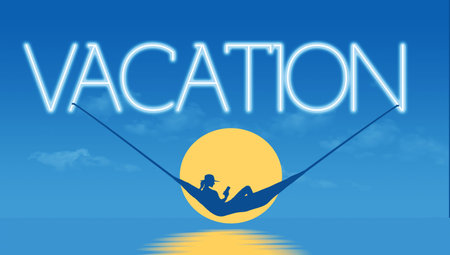 A woman in a hammock that hangs under the word vacation is seen at sunset. This is a 3-D illustration.の写真素材