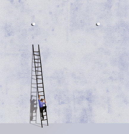 A man climbs a ladder on his way to make the annual battery change in smoke alarms high above him on a wall. This is a 3-d illustration.の写真素材