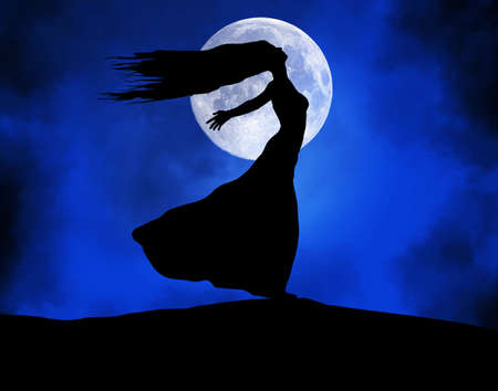 Here is an unusual background image cloud formations and bright colors with the silhouette of a woman in the foreground.の写真素材