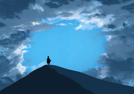 A little girl with her teddy bear stands alone atop a hill beneath a cloudy sky that is clearning to become blue in this 3-d illustration.の写真素材
