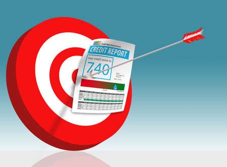 An arrow is stuck in the bullseye of a red and white striped  target and a credit report with a high...