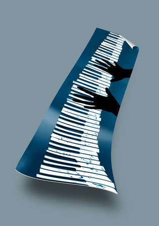Hands are seen on a well worn and paint spattered piano keyboard poster. This is a 3-d illustration.の写真素材