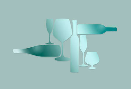 Liquor bottles and glassware are seen silhouetted in color in this background illustration.  This is a 3-d  illustration.の写真素材