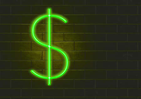 A neon light dollar sign is seen at night on a brick wall in this 3-d illustration.の写真素材