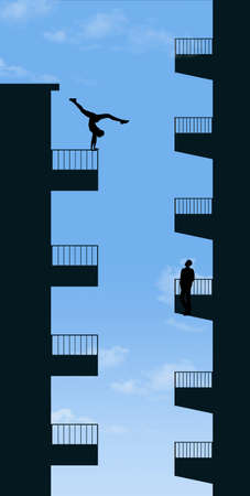 A girl confidently balances in a hand stand on the railing of a high rise balcony in this 3-d illustration about courage and confidence.の写真素材