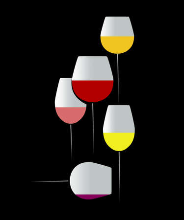 This is an illustration showing stemware, very tall wine glasses in an elegant composition with various colors of wine in the glasses.の写真素材