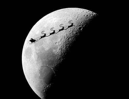 Santa and his reindeer are seen silhouetted against a full moon in this 3-d illustration.
