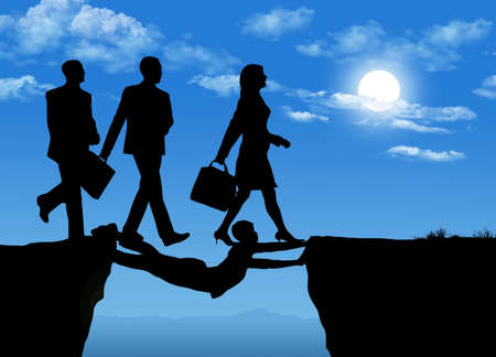 People degrade another person as they walk on him, using him as a bridge over a gap between cliffs...