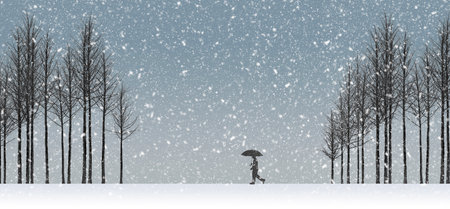 A man with an umbrella walks in a snowstorm between groves of leafless trees in a 3-d illustration about winter weather.の写真素材