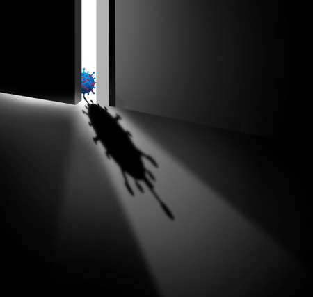 A coronavirus particle is seen outside a door. This 3-d illustration is about Covid at your door step.の写真素材
