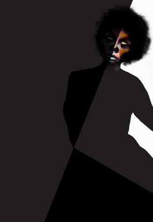 A middle aged African American woman is seen in  dramatic and graphic split lighting in a 3-d illustration portrait.の写真素材