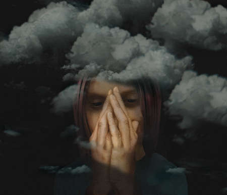 Clouds, dark ones, surround a depressed woman in a 3-d illustration