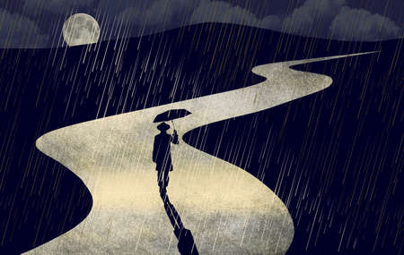 A man with an umbrella walks at night as the full moon breaks through rain clouds in a 3-d illustration.の写真素材