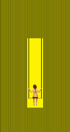 A little girl swings on her swing in a field of black lines on a yellow background in this 3-d illustration.の写真素材