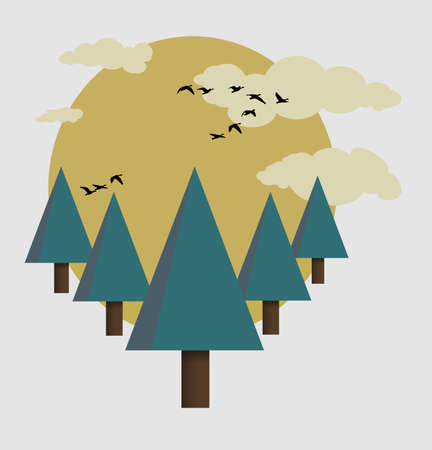 An outdoor design with pine trees, sunset, geese and clouds is isolated on a white background.の写真素材