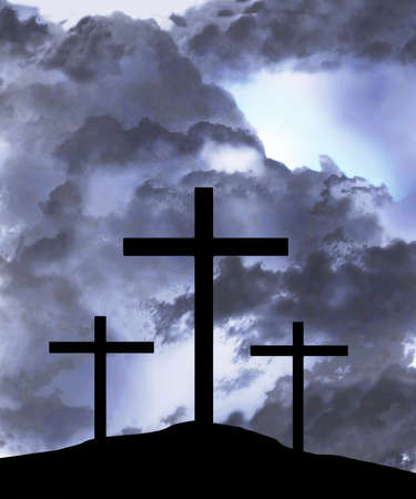 The three crosses of the crucifixion of Jesus Christ  are seen in silhouettes in front of a stormy sky in this Easter 3-d illustration.の写真素材