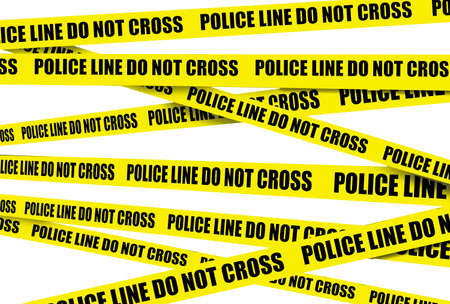 Yellow crime scene tape is seen. Police line do not cross is the text on the tape in this 3-d illustration.の写真素材