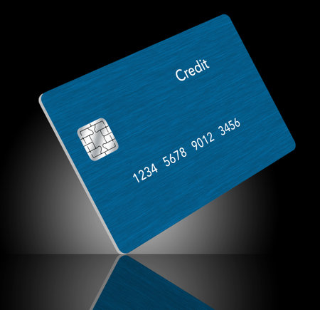 A blue generic credit card is seen reflected in a polished surface in this 3-d illustration.の写真素材