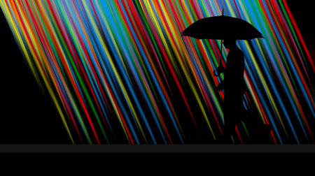 A man with an umbrella walks past angled lines of bright colors in a 3-d illustration.の写真素材