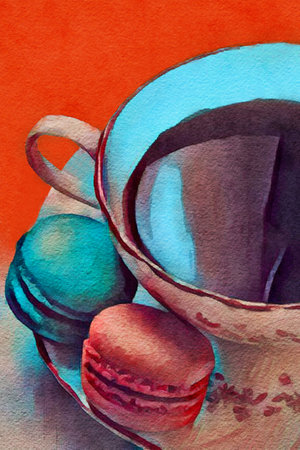 A cup of tea with macaron cookies is seen in a digital watercolor image.,の写真素材