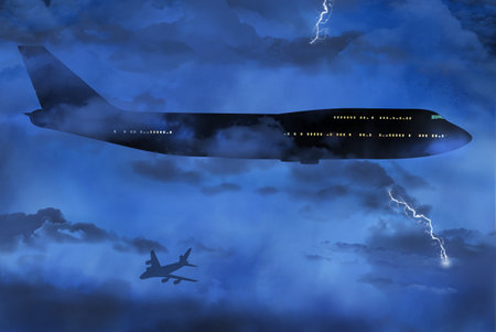 A passenger jet is seen flying in bad weather through a storm with lightning at night in this 3-d...