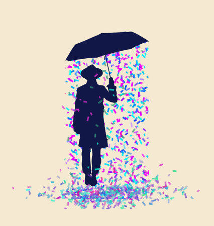 A man with an umbrella has a private celebration and is well pleased with himself as confetti falls under his umbrella in this 3-d illustration.の写真素材