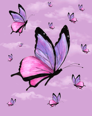 Here are beautiful magenta and violet fluttering butterflies that are  a watercolor painting. It is isolated on white watercolor paper.の写真素材