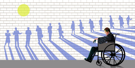 A line of people pictured in urban art are walking by as a man confined to a wheelchair sits motionless in front of the art in a 3-d illustration.の写真素材