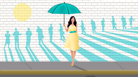 A woman with a parasol from protection from the sun is seen infront of a street art mural of people in sunshine casting shadows. This is a 3-d illustration.の写真素材