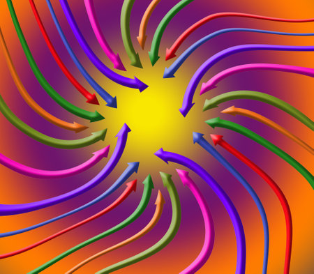 A spiral of arrows are arranged into a pattern in this 3-d illustration to be used as a background image.の写真素材