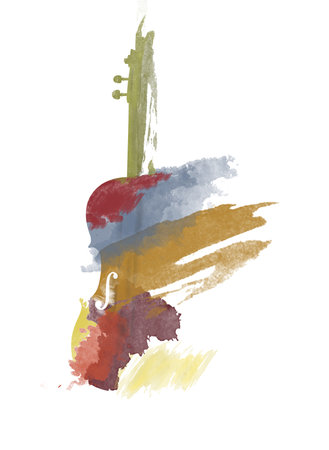 A violin musical instrument is seen in an abstract watercolor painting isolated on a white background.の写真素材