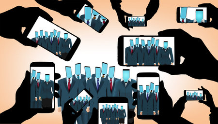 Many celluar phone cameras are focused on a group of co-workers who have phones for heads. This 3-d...
