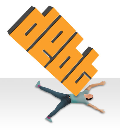 The word debt in heavy type impales a man in the chest with itâs crushing weight in a 3-d illustration about dealing with debt.の写真素材