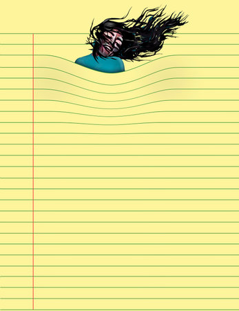 A girls tosses her long hair as she emerges from a sheet of yellow legal pad paper in a 3-d...