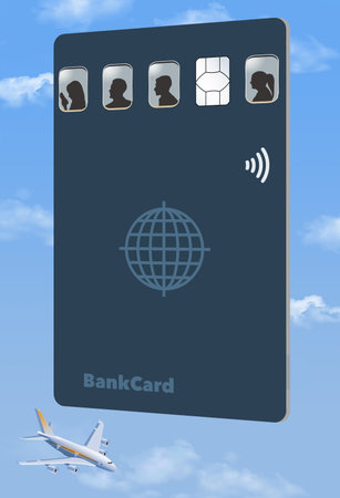 A vertical credit card is seen over a sky background with an airlier passing beneath the card. The EMV chip is in a row of windows from a passenger plane. This is a 3d illustration.の写真素材