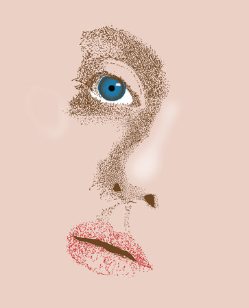 A drawing on a banner of a beautiful girlâs face is made with a technique that looks like a vintage etching. This is a 3-d illustrationの写真素材