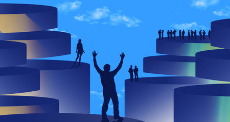 Business communication is seen with the boss signaling and shouting instructions to far away employees in this 3-d illustration about communication technology in business.の写真素材