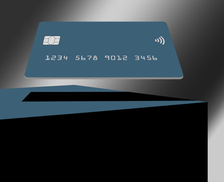 A generic mock credit or debit card is seen hovering over a box or table in a 3-d illustration.の写真素材