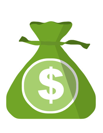 A green money bag with a dollar sign and draw string is seen Isolated on a white background.の写真素材
