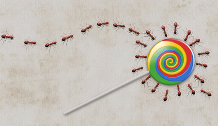 A line of ants heads for and encircles a colorful lollipop sucker that has fallen on the floor in this 3-d illustration about insect pests and pest control.の写真素材