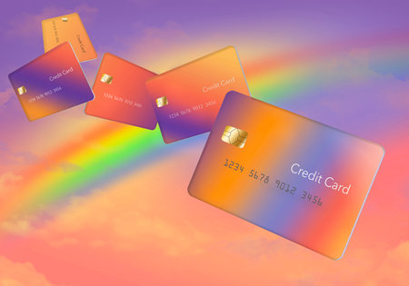This is a 3-d  illustration about credit cards, bank cards, finances and business. Here is a realistic mock credit card or debit card on a rainbow background.の写真素材