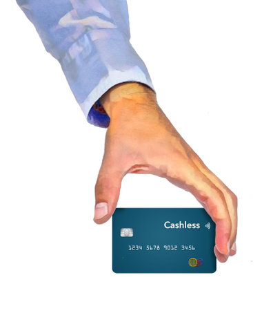 A  hand holds a credit card that is labeled cashless in a 3-d illustration about cashless transaction and not cash.の写真素材